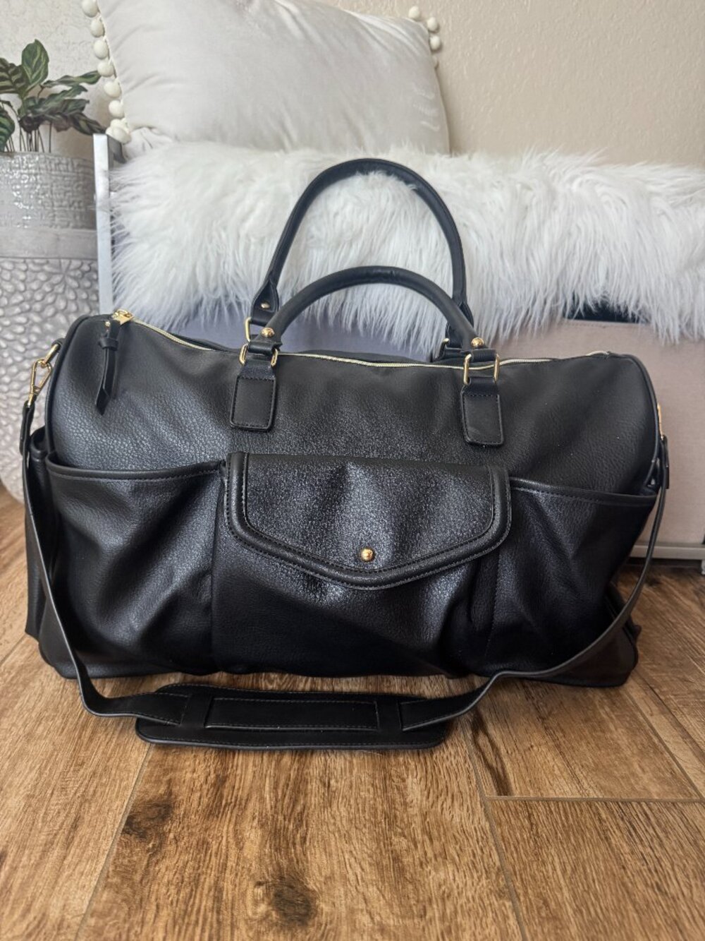 JustFab Black Weekender Duffel Bag Leopard Lining Gold Hardware Shoulder Strap